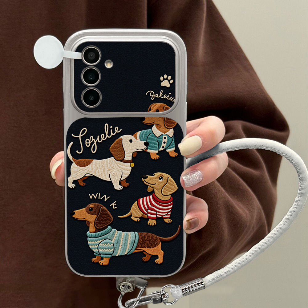 Camera Strap Leather - 漫画風ダックスフント柄スマホケース サムスン A56 A55 A57 A36