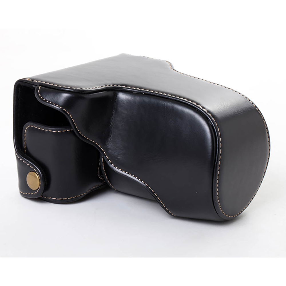 Camera Strap Leather - PU レザーカメラバッグケースレンズポーチカバー Fujifilm X-A3/X-A10/X-A5 用ストラップ付き、ホワイトステッチユニバーサルロングレンズキャップバッグ