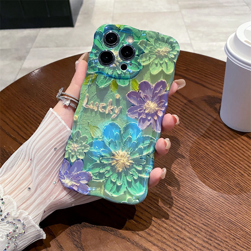 レトロな青色の光の油絵風フラワーウェーブシリコン製iPhon - Photography Art のレビューと価格
