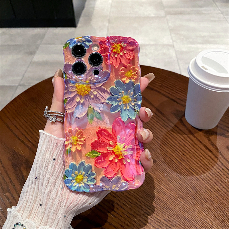 レトロな青色の光の油絵風フラワーウェーブシリコン製iPhon - Photography Art のレビューと価格