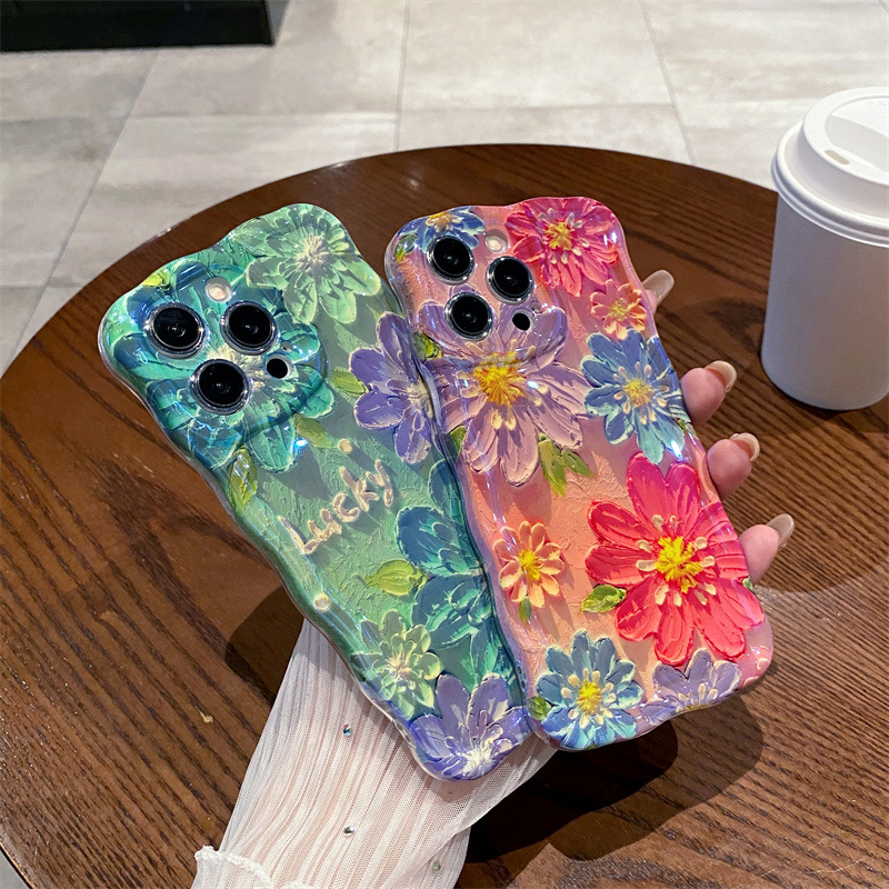 レトロな青色の光の油絵風フラワーウェーブシリコン製iPhon - Photography Art のレビューと価格